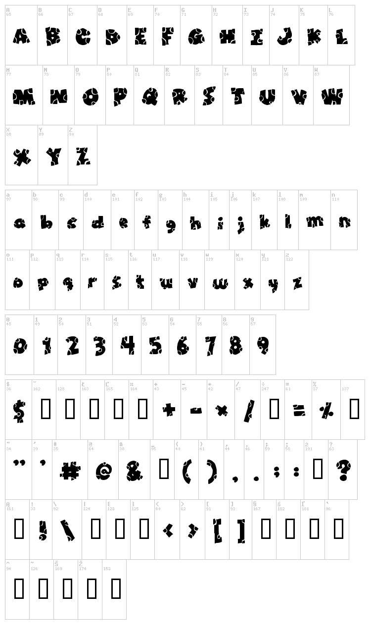 Broken Toys font map