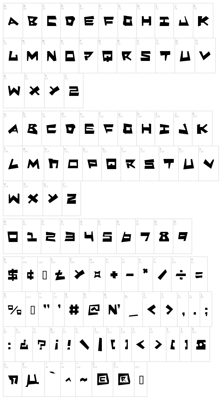 Quake n' Shake font map