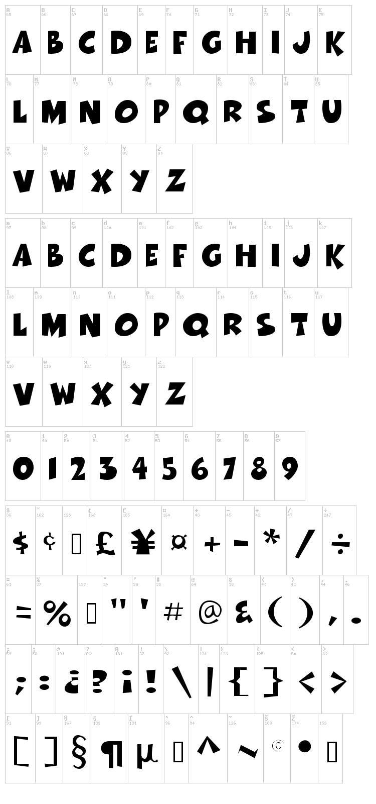 Thwack font map