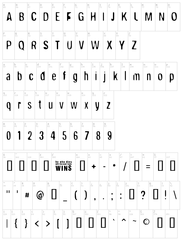 Broken Wing font map