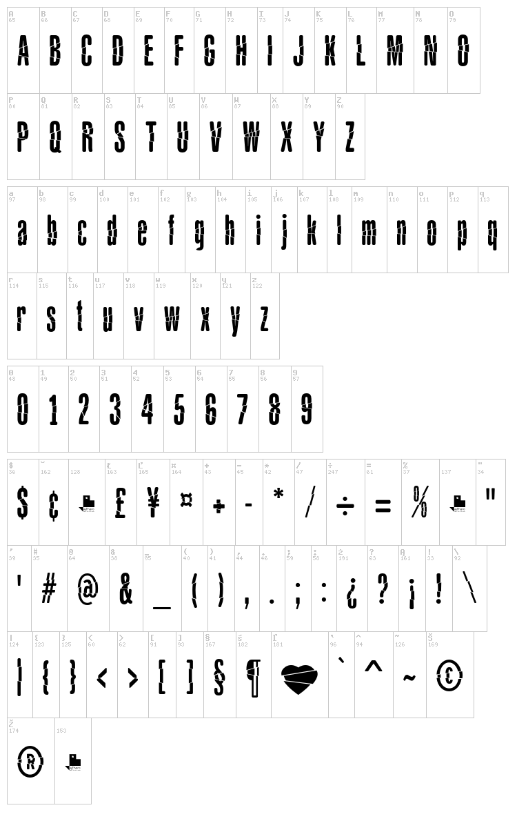Babalusa Cut font map