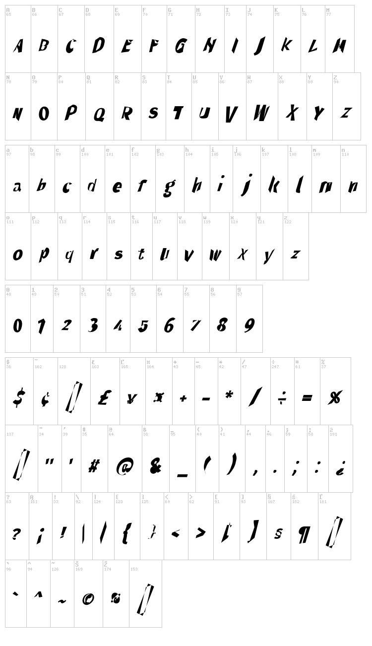 Through The Black font map