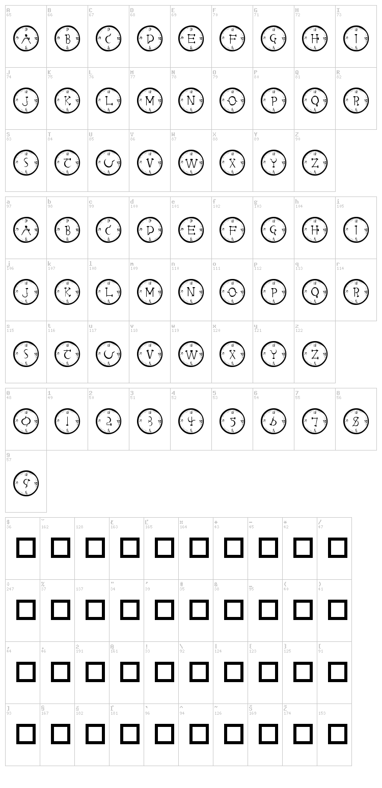 101! Clock Face font map