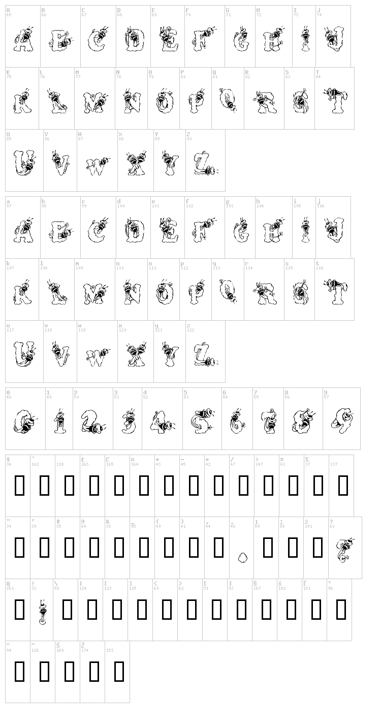 Alpha Bizzy Bee font map