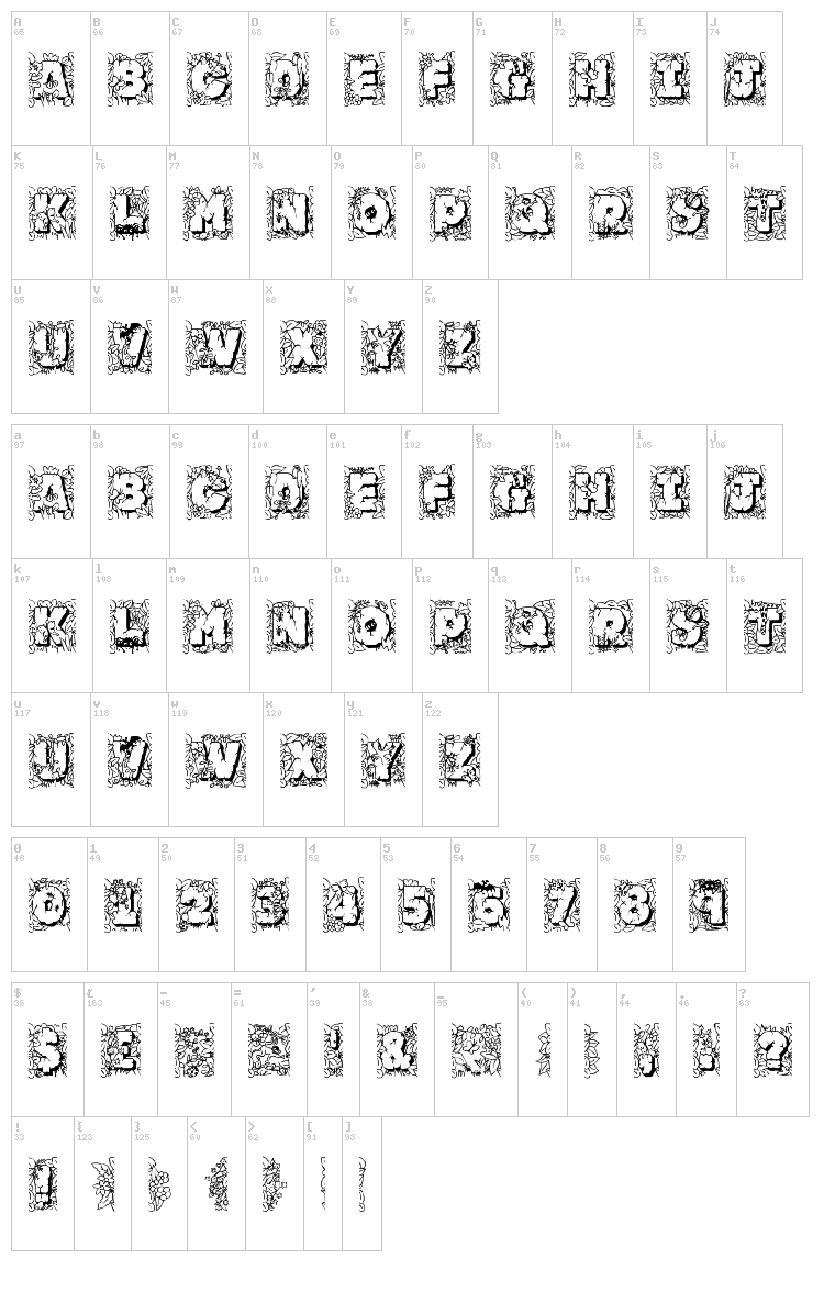 JF Jungle Rock font map