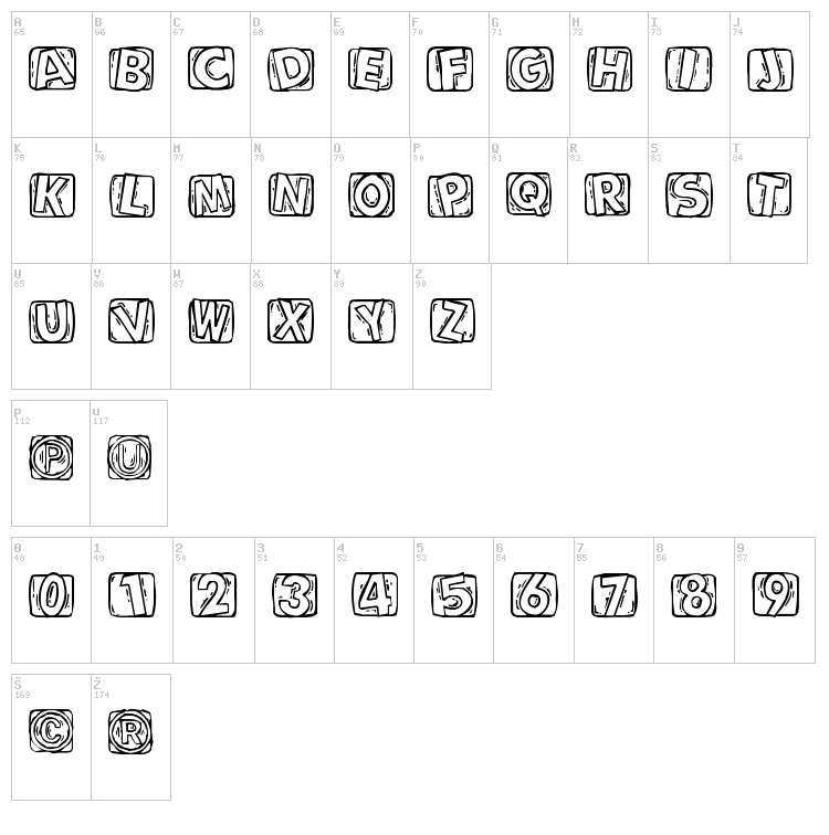 Woodcutted Caps font map