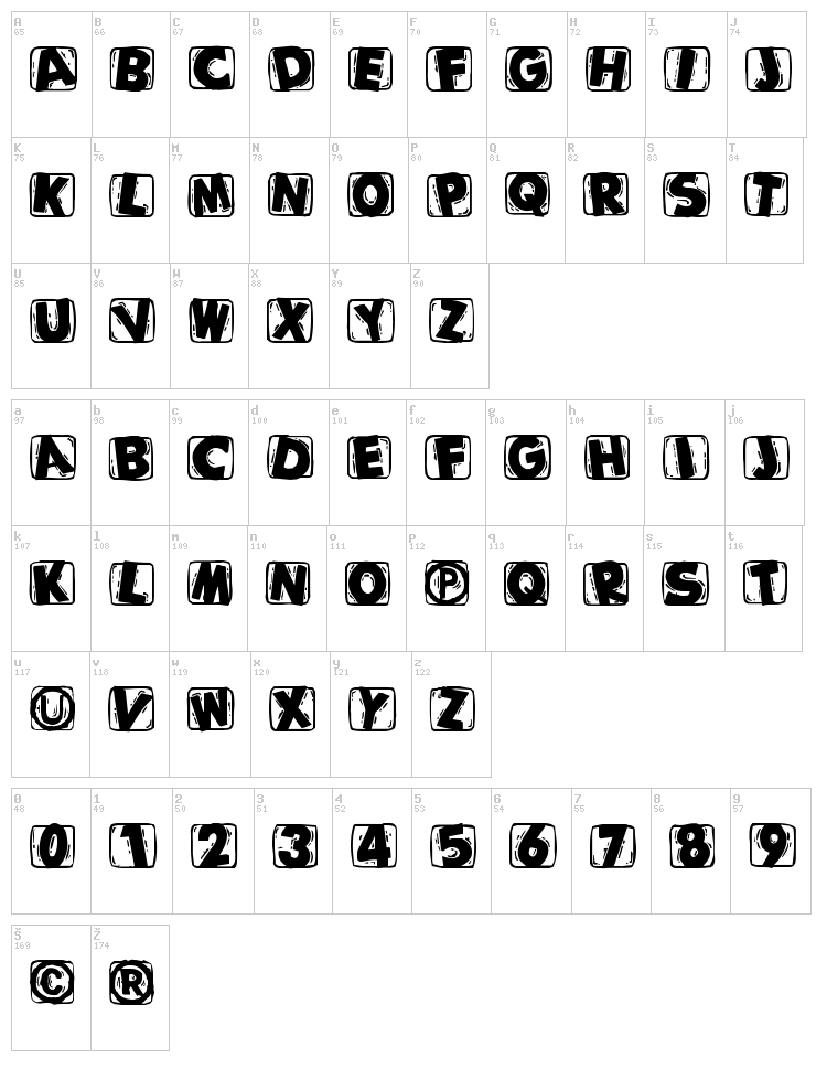 Woodcutted Caps font map