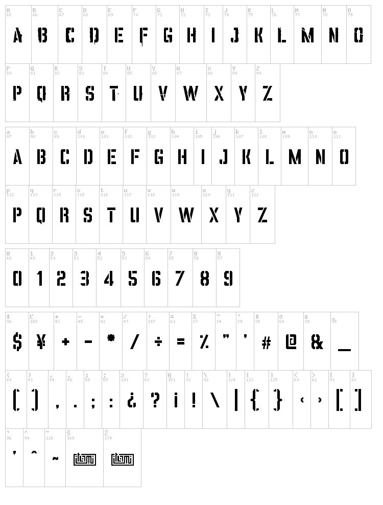 Vinca Stencil font map
