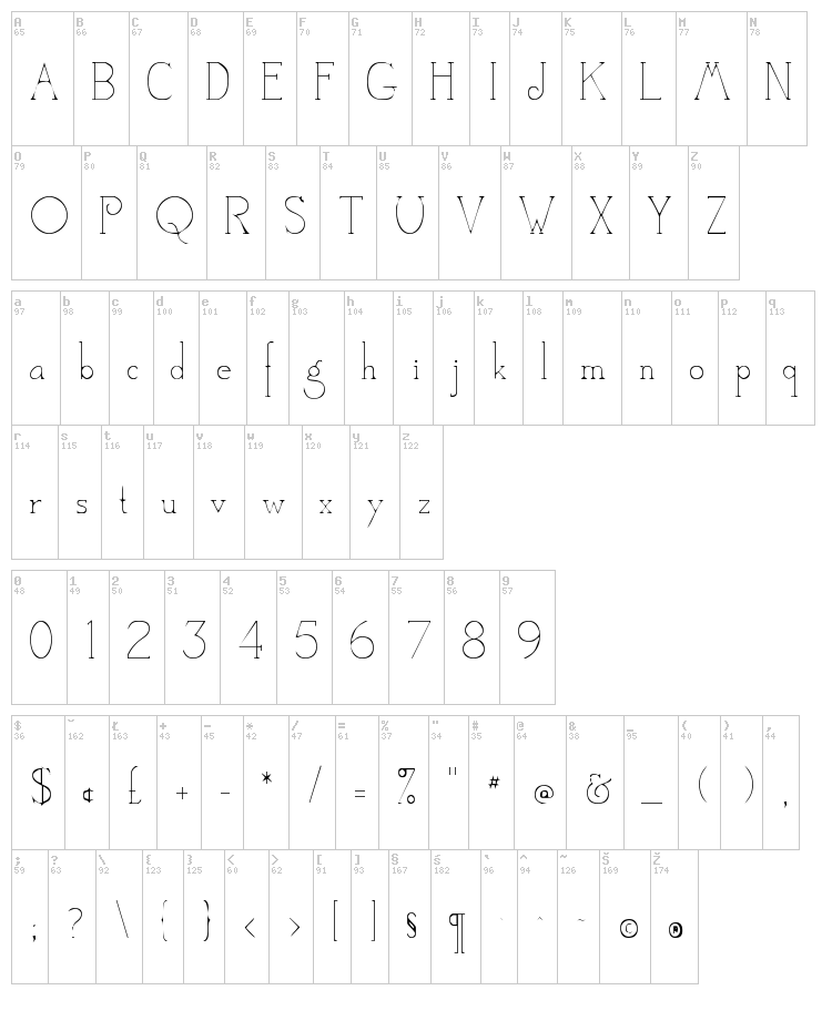 Camelot DeNada font map