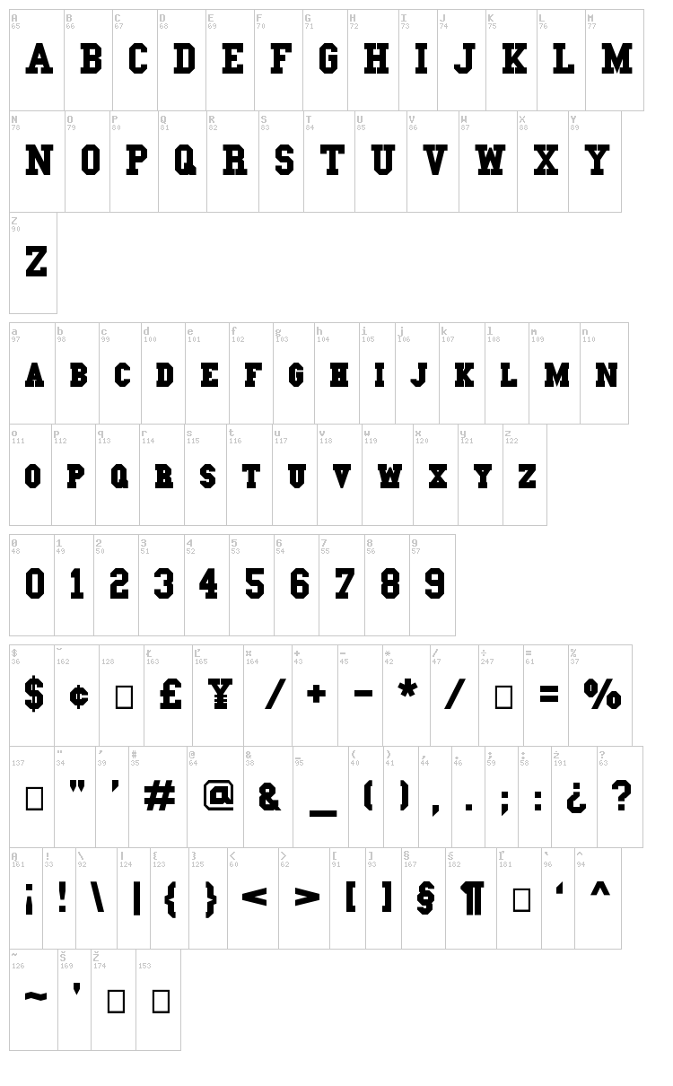 College Slab font map