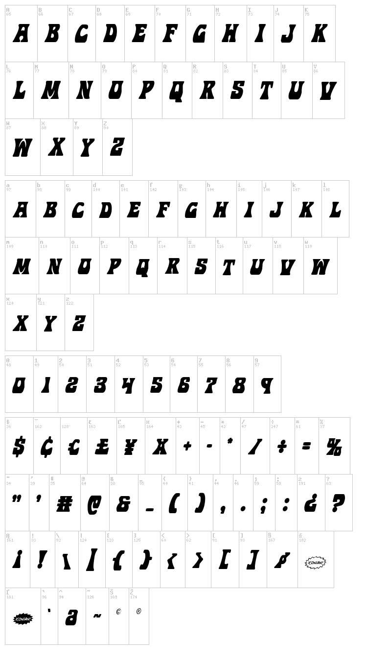 Hip Pocket font map