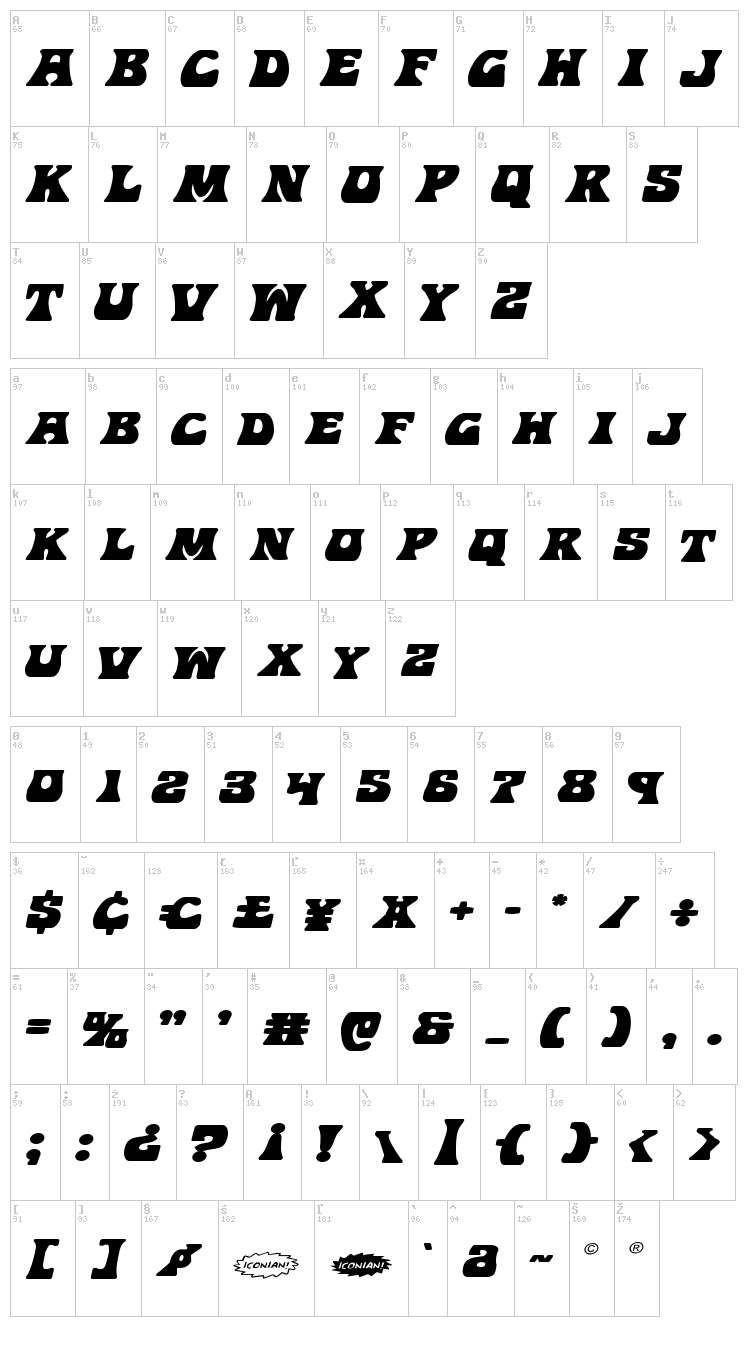 Hip Pocket font map