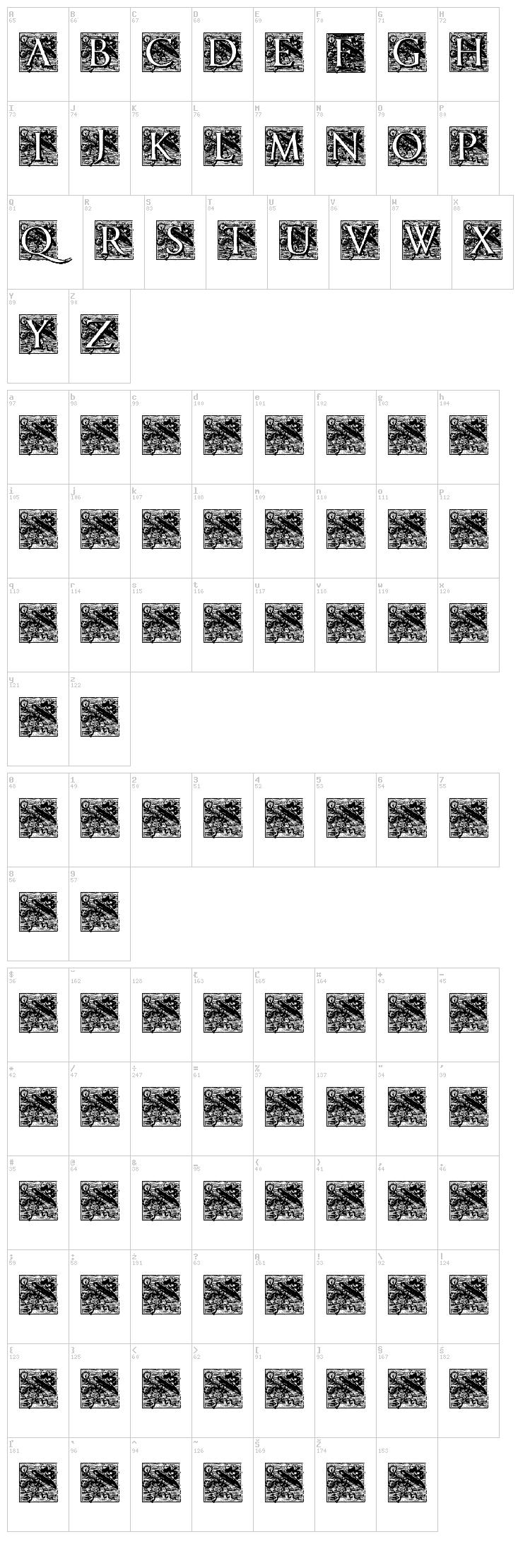 Pompadour Initials font map