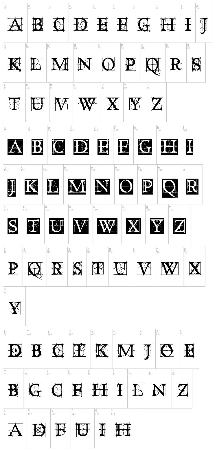 Old Constructed Caps font map
