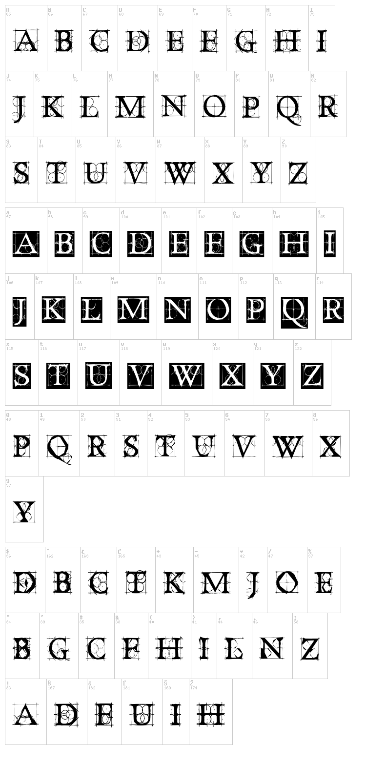 Old Constructed Caps font map