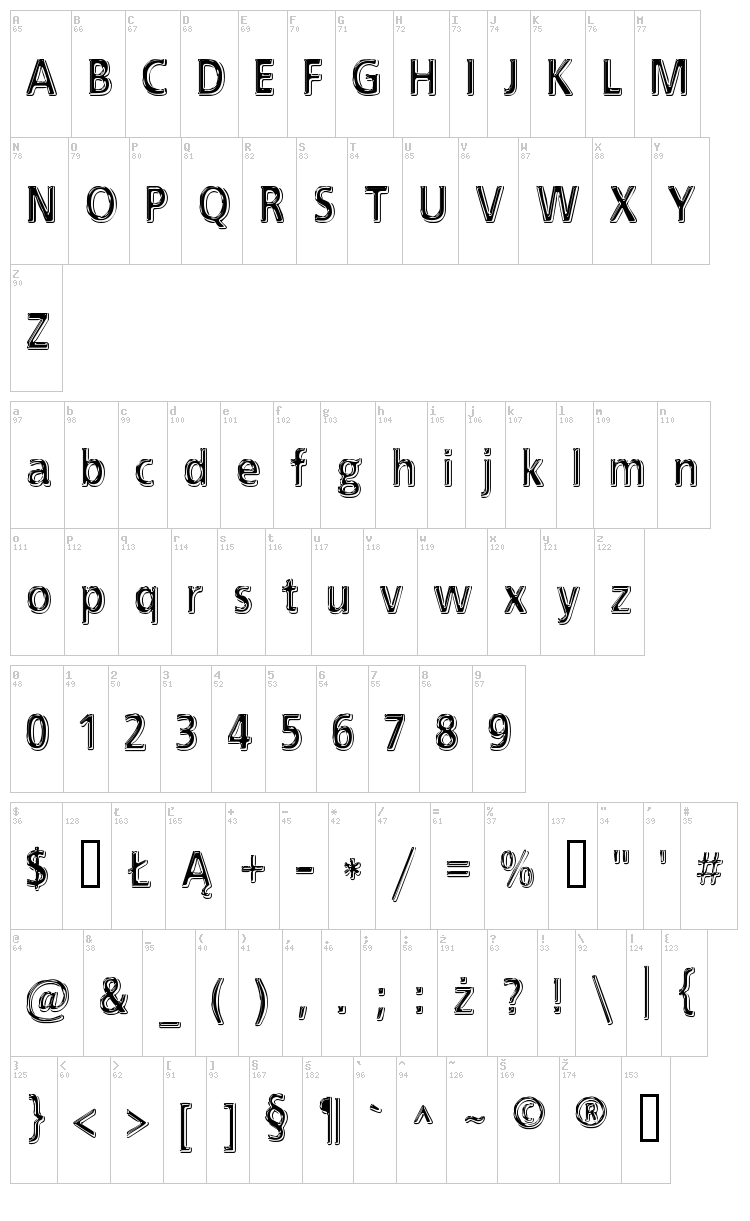 EFN Black Chrome font map