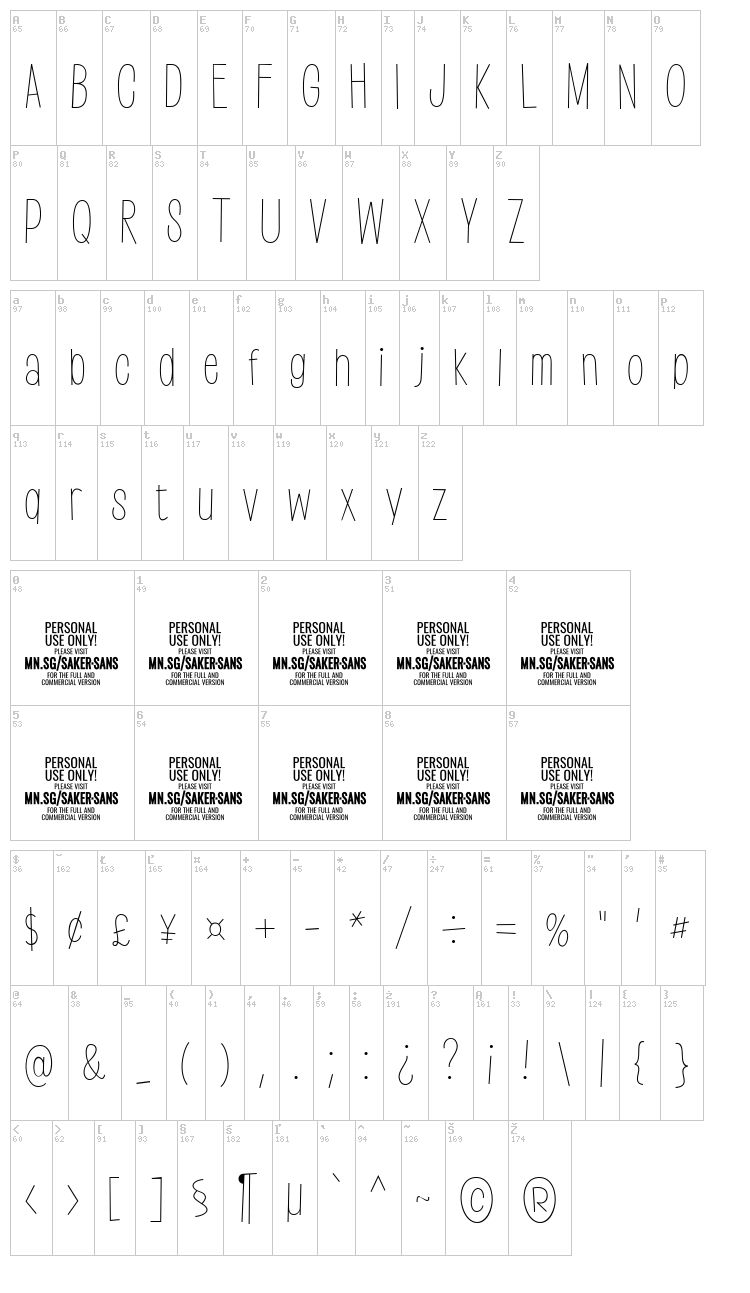 Saker Sans font map