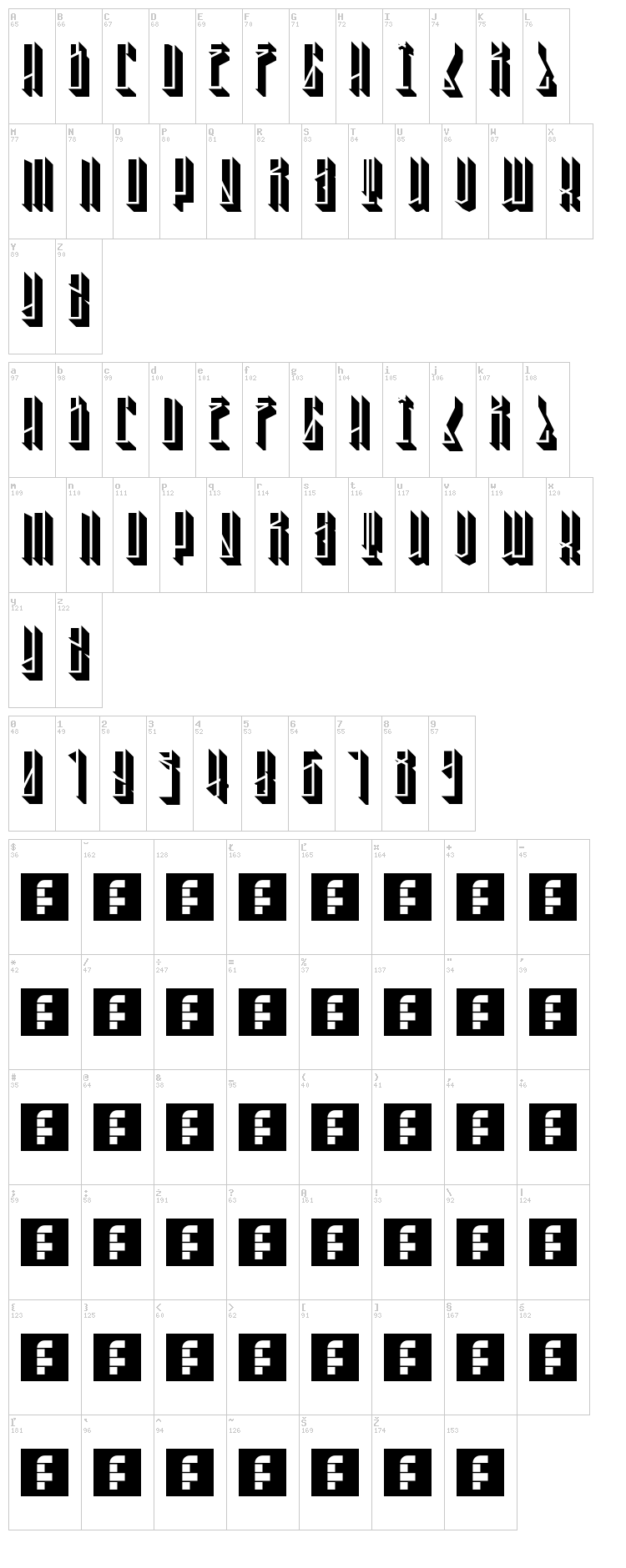 Tall Boy 3D font map