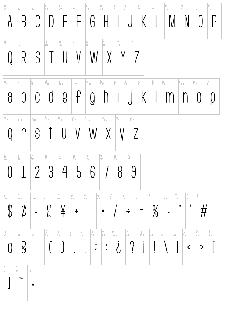 Usuazi Hosomozi font map