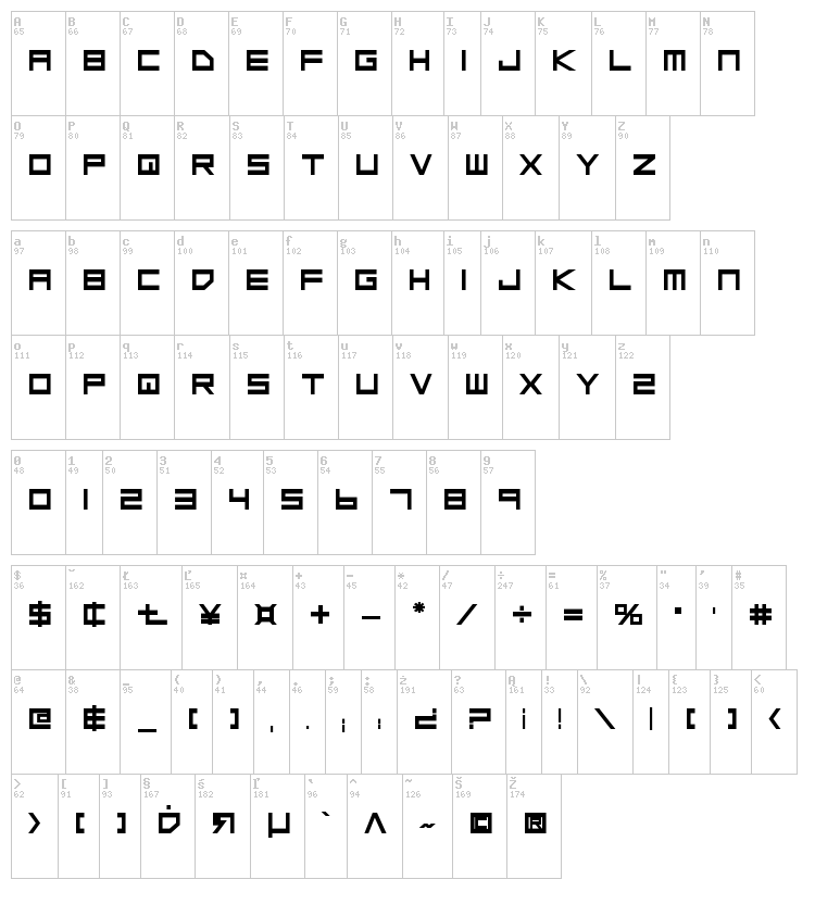 Low Gun Screen font map