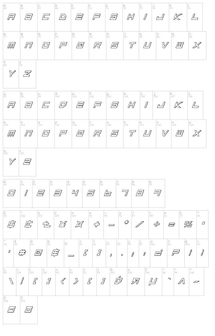Low Gun Screen font map