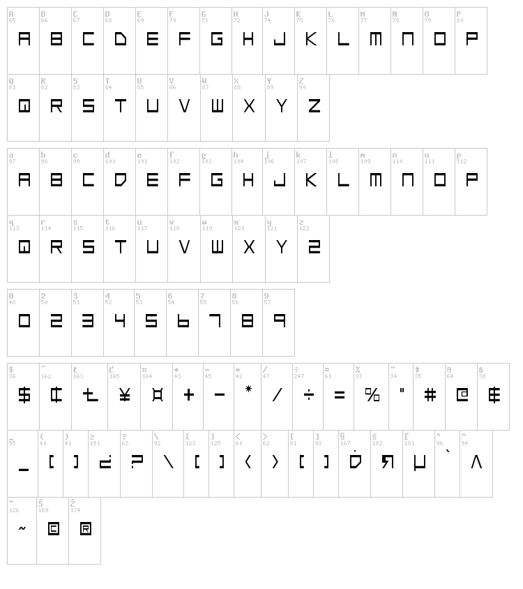 Low Gun Screen font map