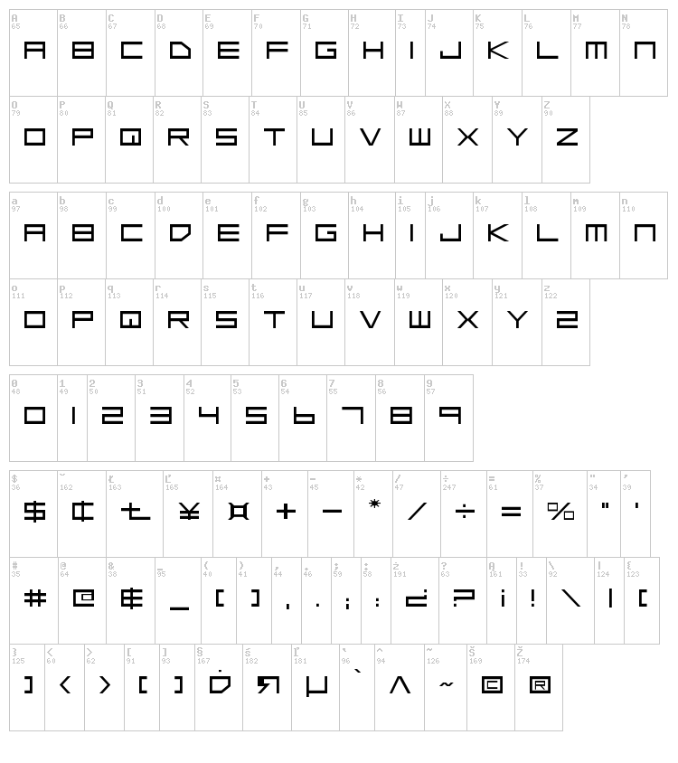Low Gun Screen font map