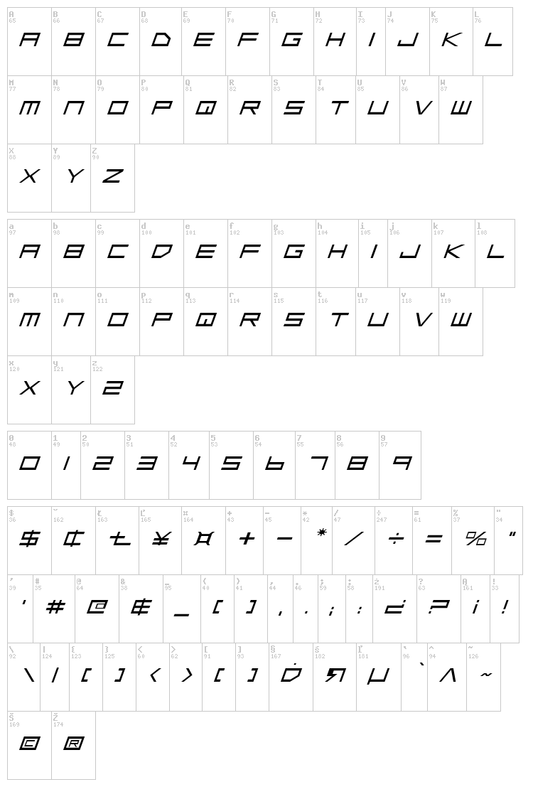 Low Gun Screen font map