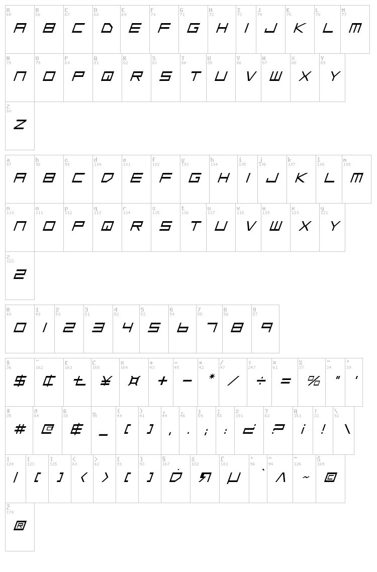 Low Gun Screen font map