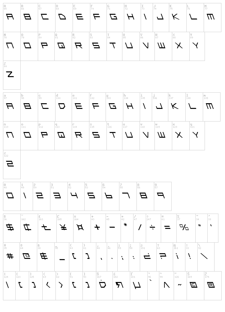 Low Gun Screen font map