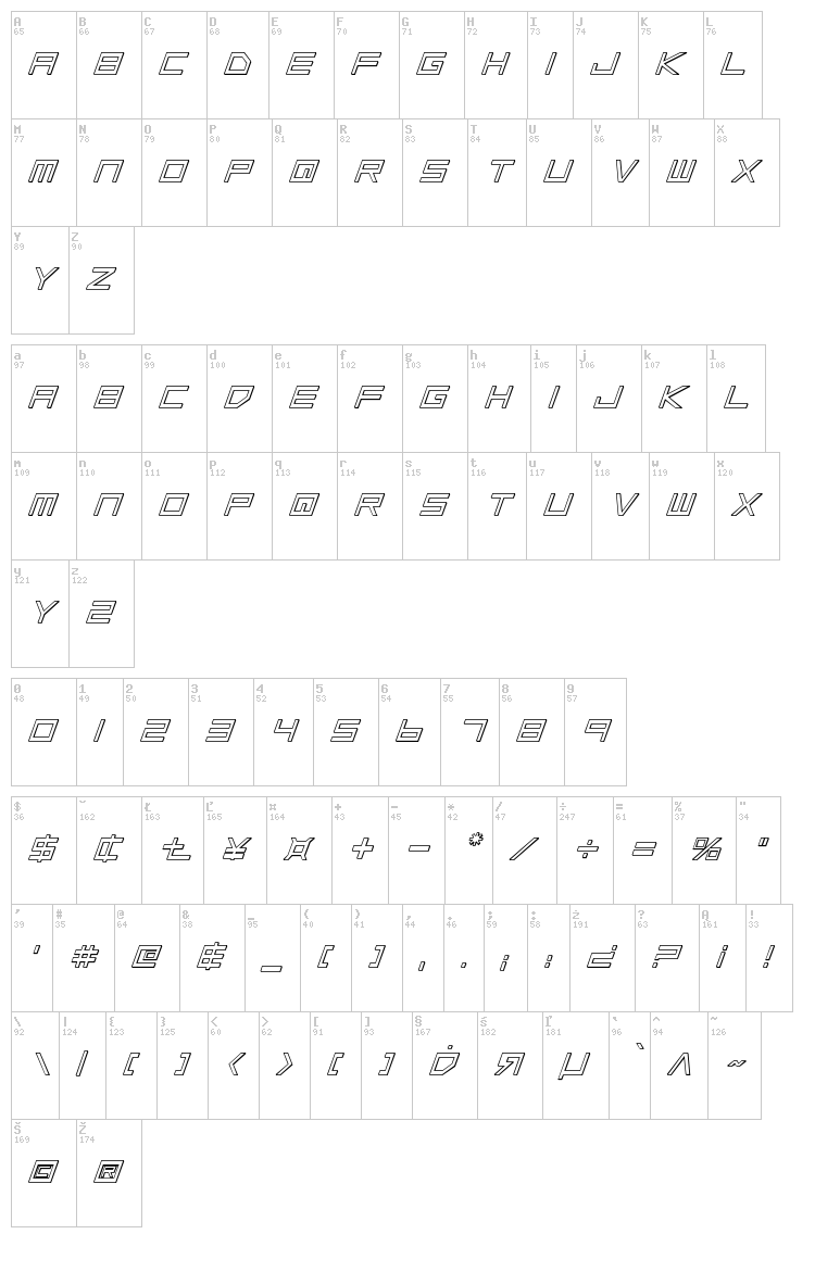Low Gun Screen font map