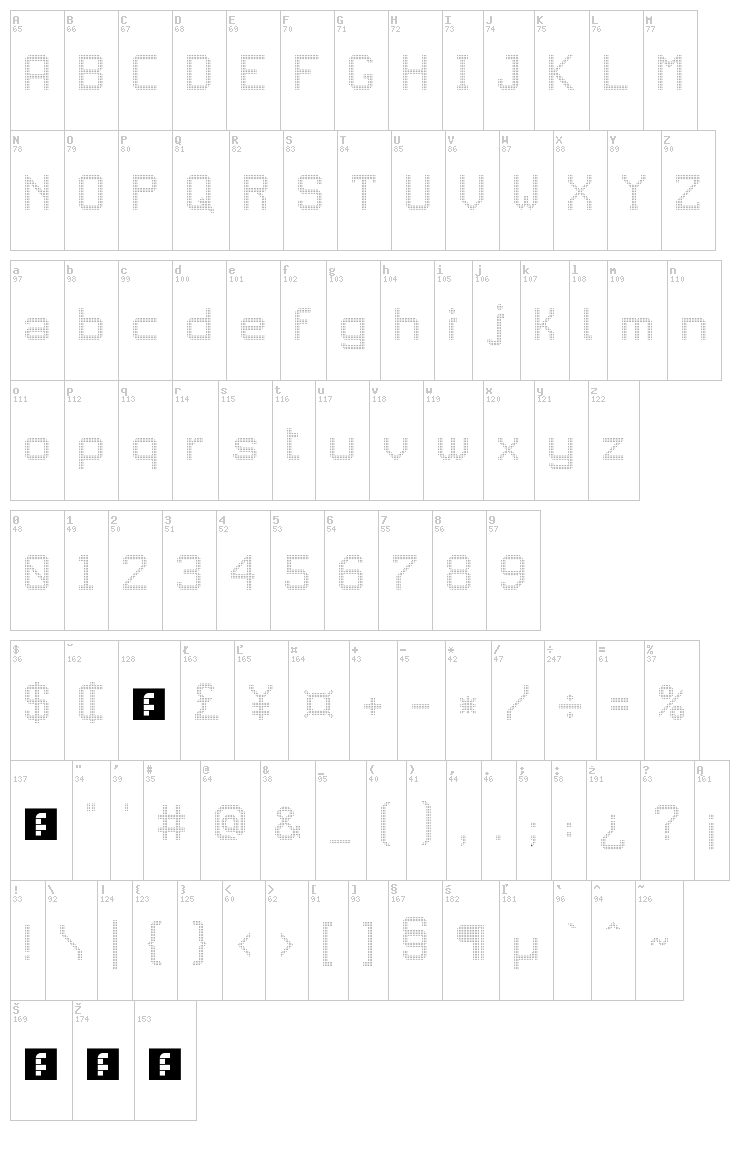 JD DigiSquare font map