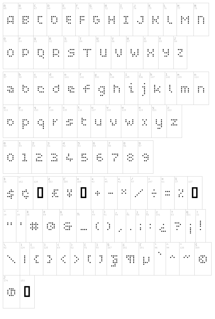 WC Pixhole Light Bta font map