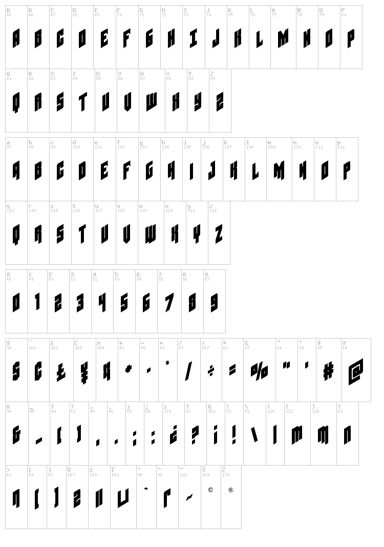 Galaxy Force font map