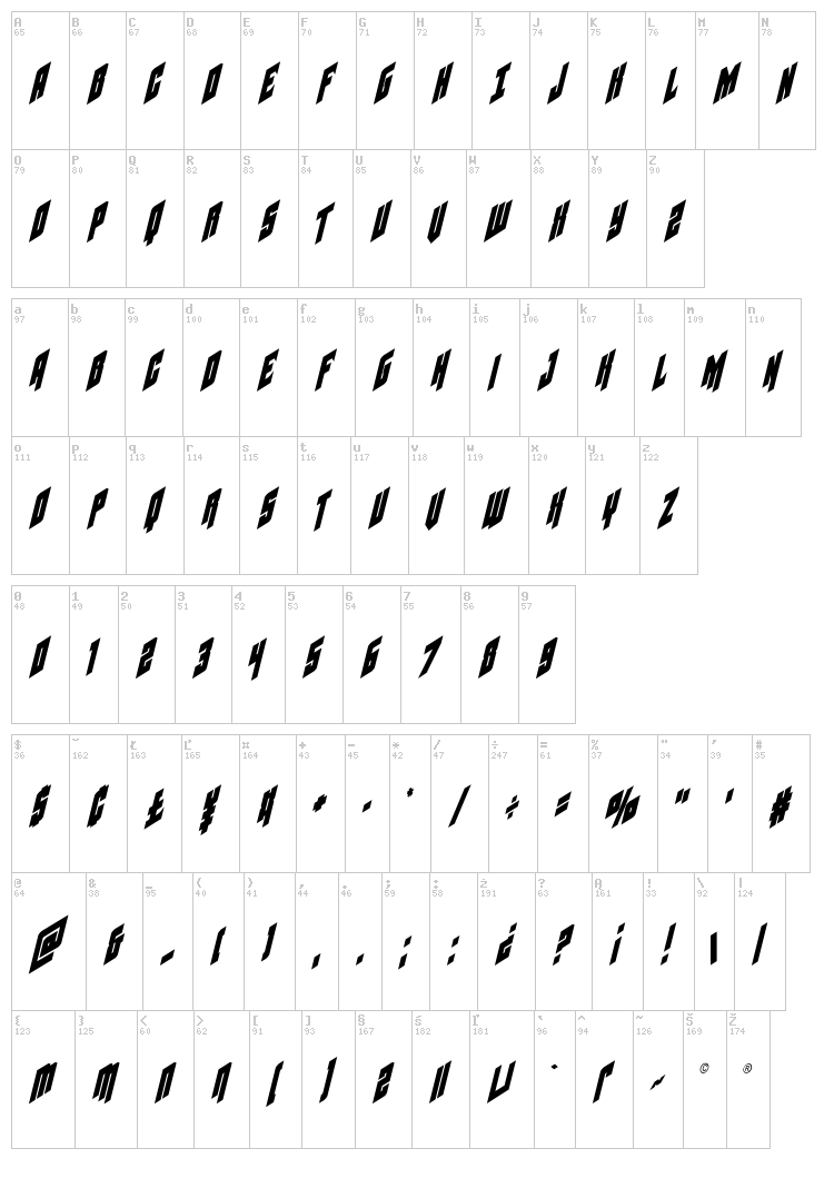 Galaxy Force font map