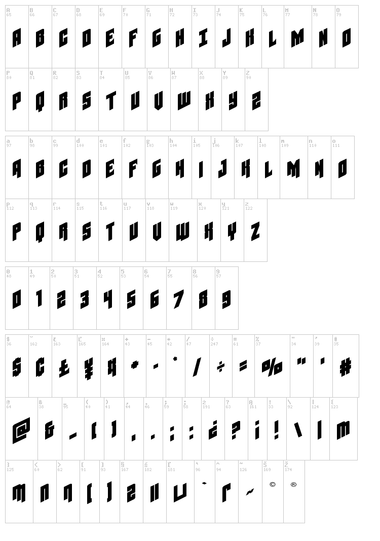 Galaxy Force font map