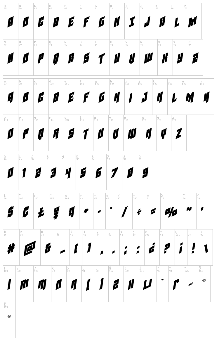 Galaxy Force font map