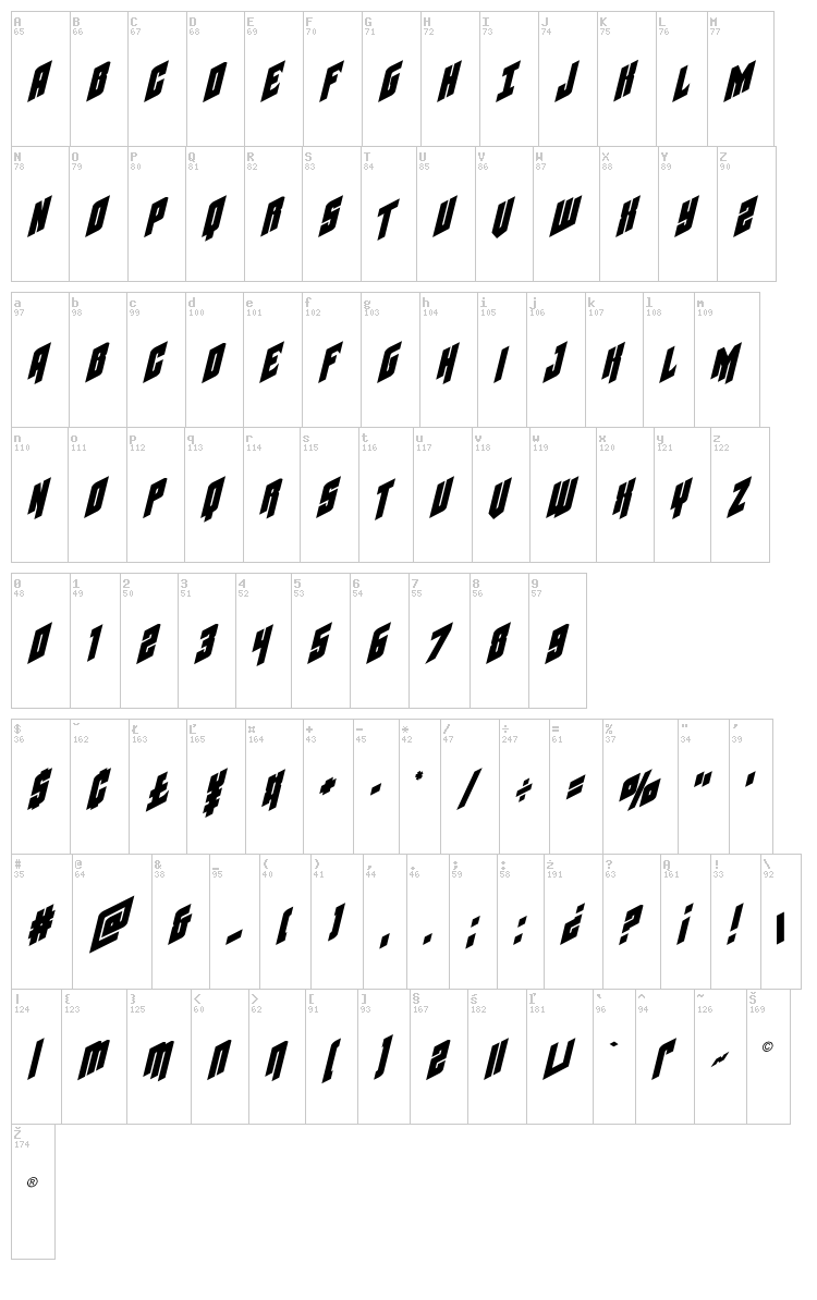 Galaxy Force font map
