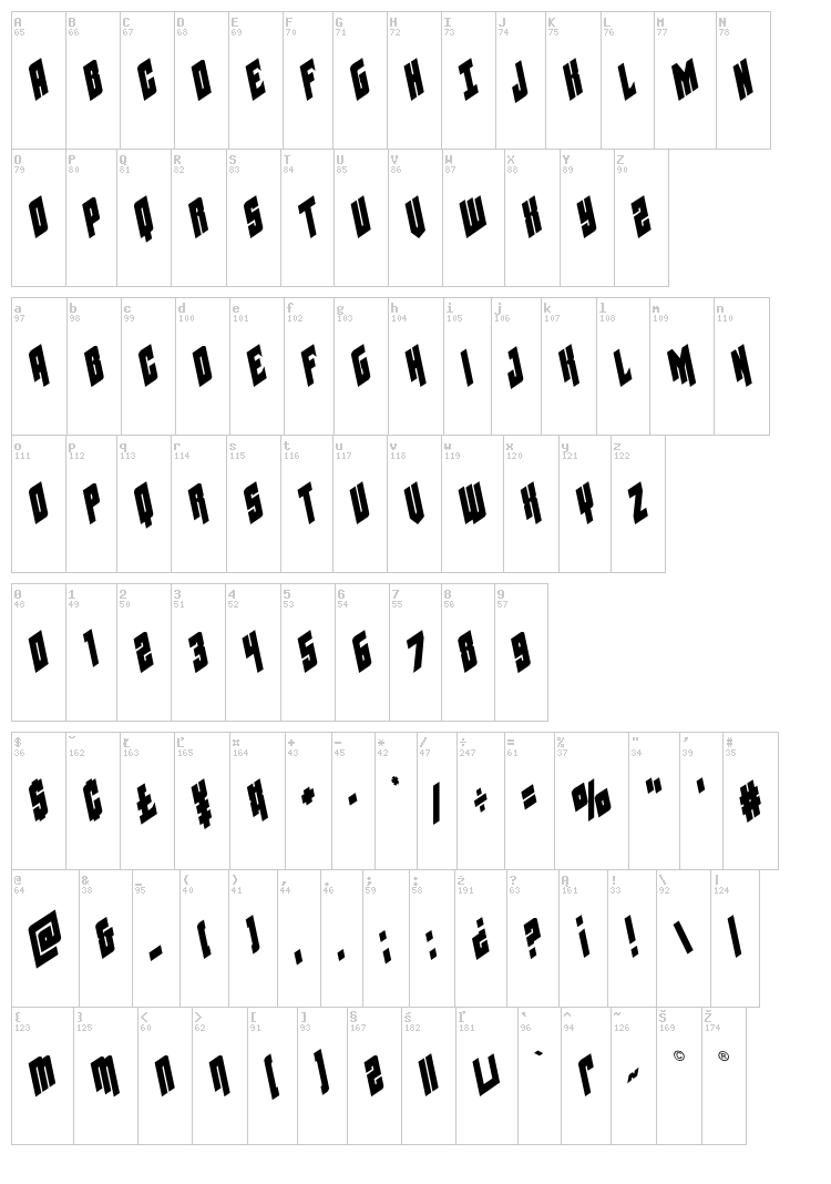 Galaxy Force font map