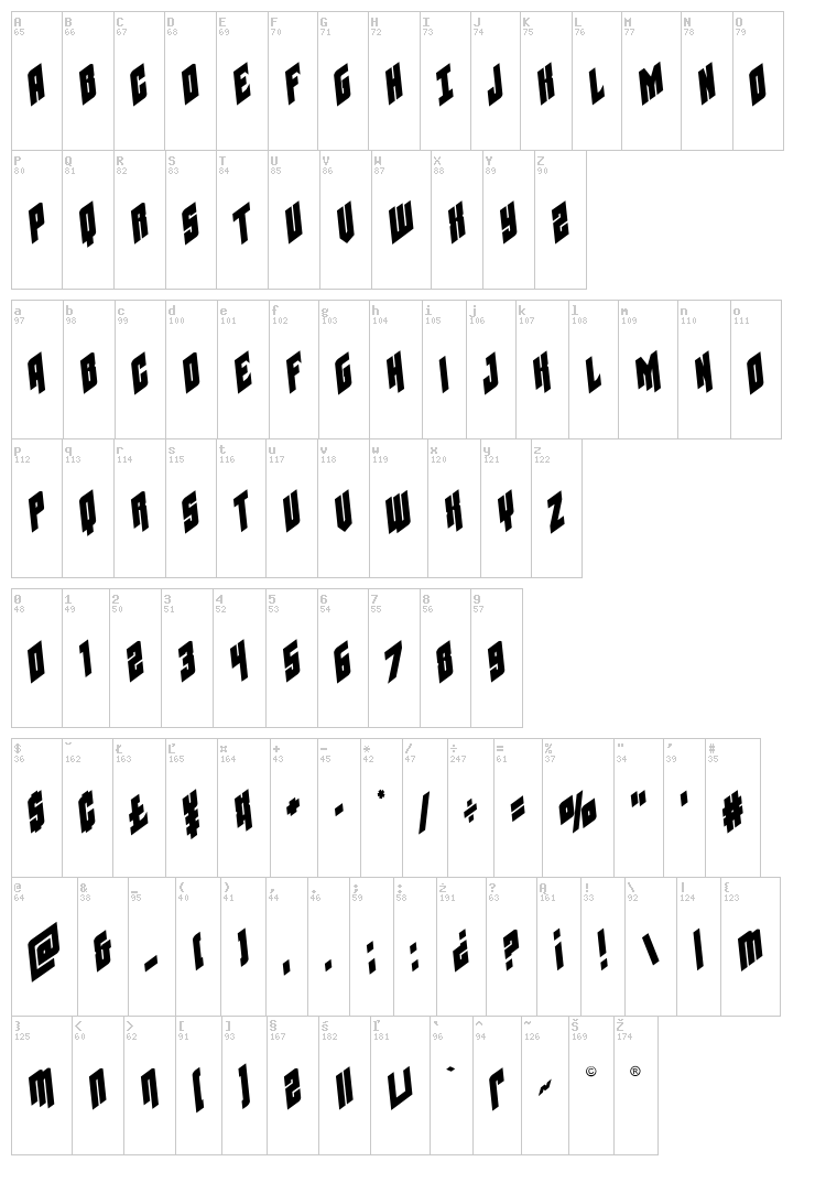Galaxy Force font map