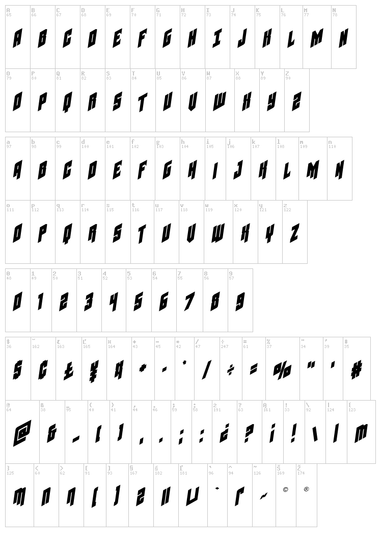 Galaxy Force font map