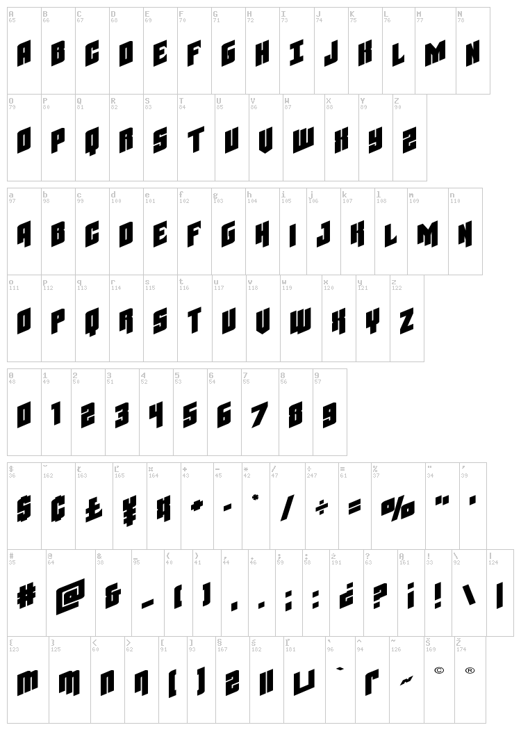 Galaxy Force font map