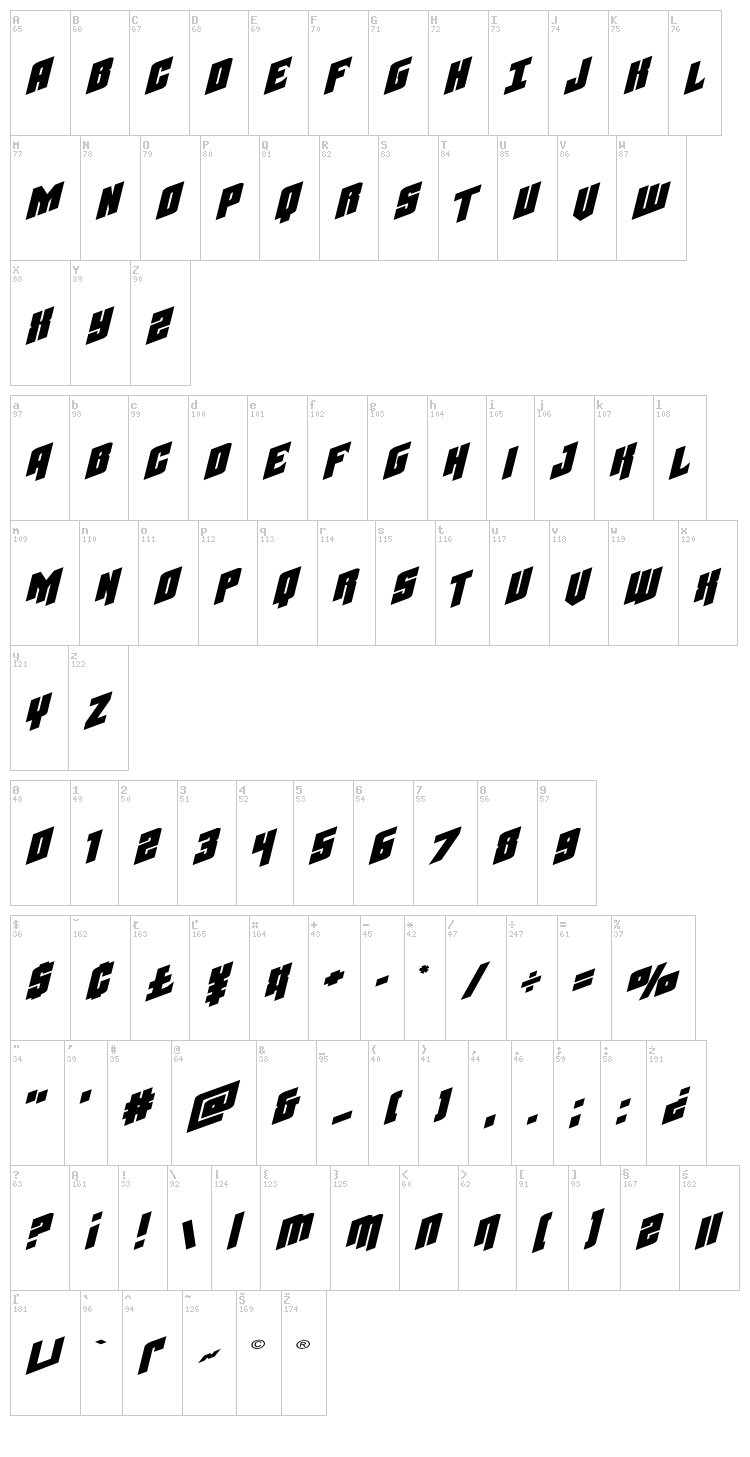 Galaxy Force font map