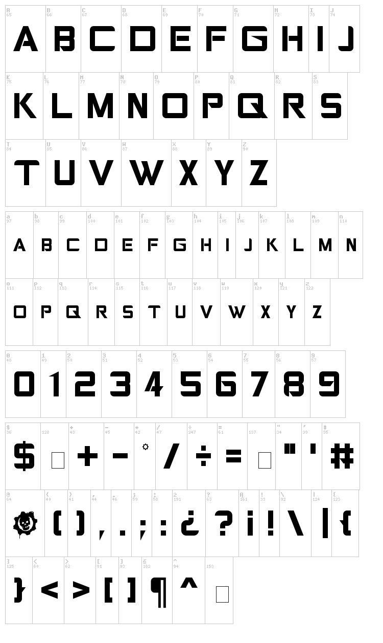 Gears of Peace font map