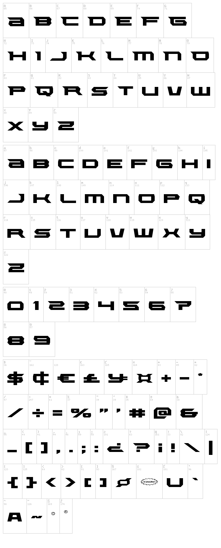 Lethal Force font map