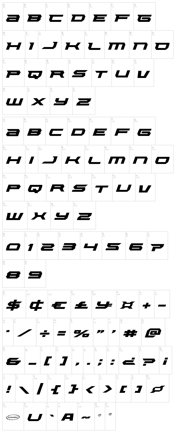 Lethal Force font map