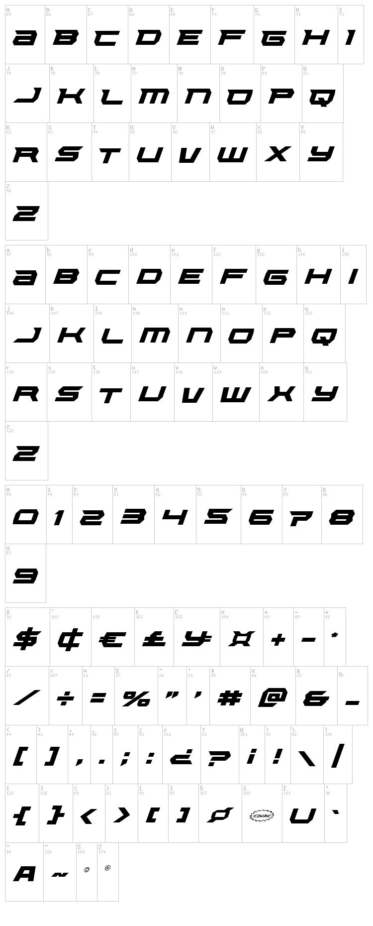 Lethal Force font map
