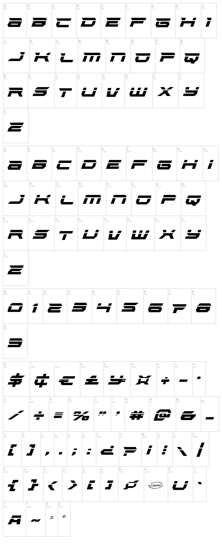 Lethal Force font map