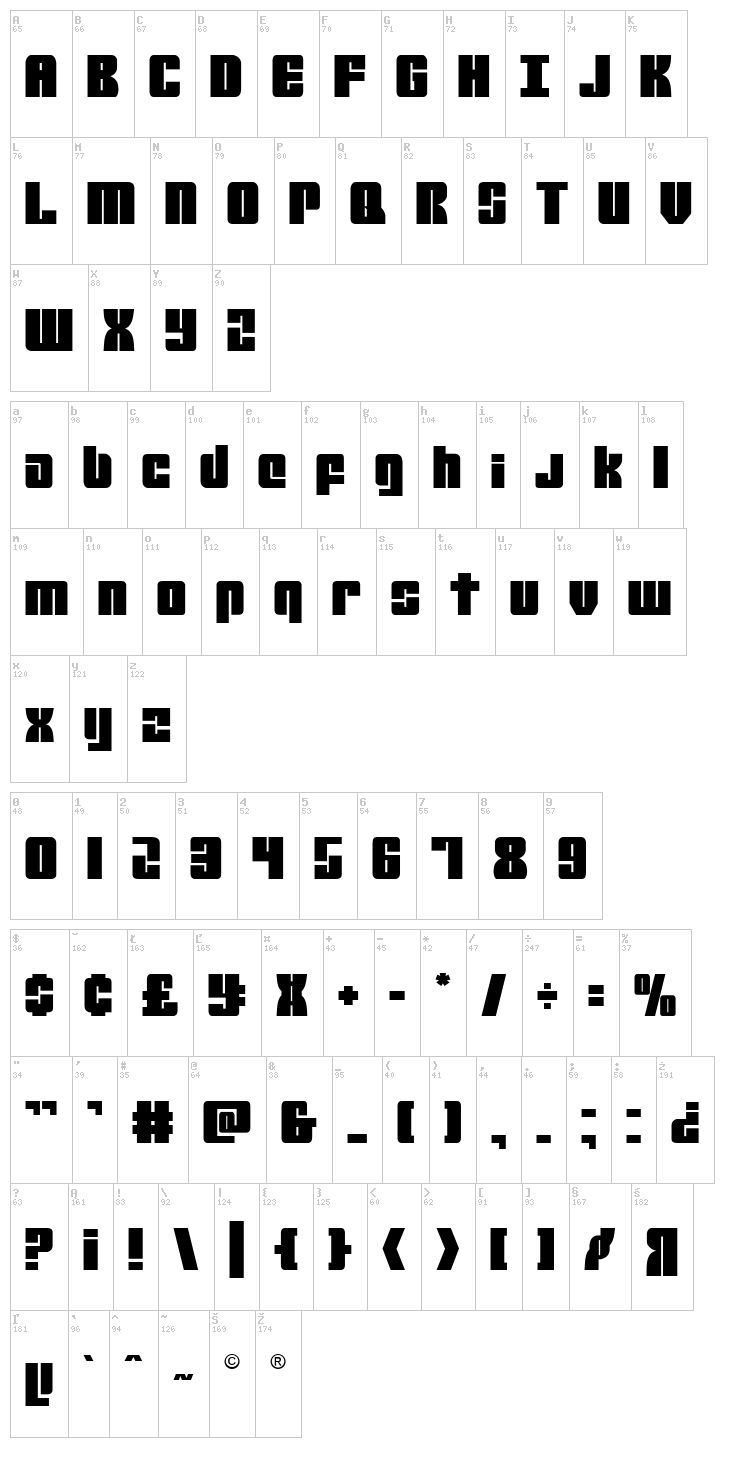 Mobile Infantry font map