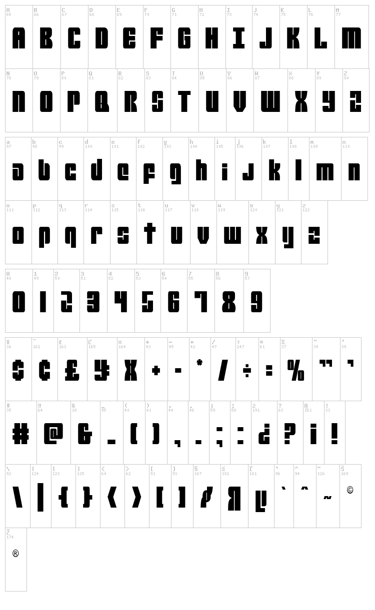 Mobile Infantry font map